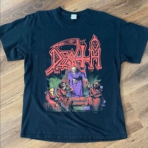Death Black Graphic T-Shirt with Red and Purple Design